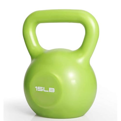 15 lbs Kettlebell, Green Vinyl Coated with Wide Handle for Strength Training, Body Building, Yoga, Fitness