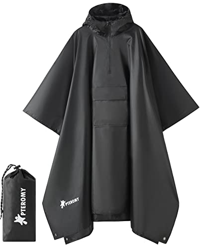 PTEROMY 3-in-1 Hooded Rain Poncho for Adult with Pocket, Waterproof Lightweight Unisex Raincoat for Hiking Camping Emergency - color: Black 1/4 Zipper