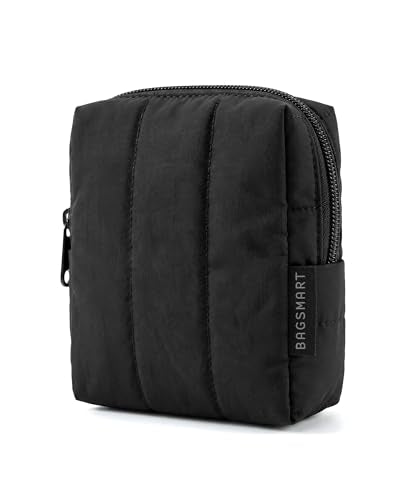 BAGSMART Small Travel Makeup Bag for Purse Toiletry Pouch, Puffy Padded Mini Cosmetics Bag, Cute Make Up Pouch for Women with Slip-in Pocket, Travel Essentials for Toiletries, Black - color: 02-Black