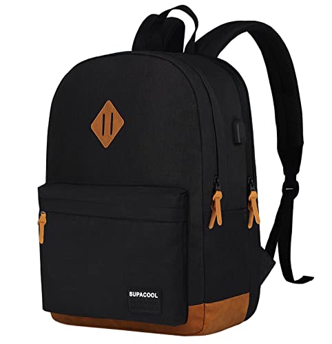 SUPACOOL Lightweight Laptop Backpack with USB Charging Port for Men and Women, Double Layers Backpack for College, Work, Travel, Casual(Black and brown) - color: Black and Brown