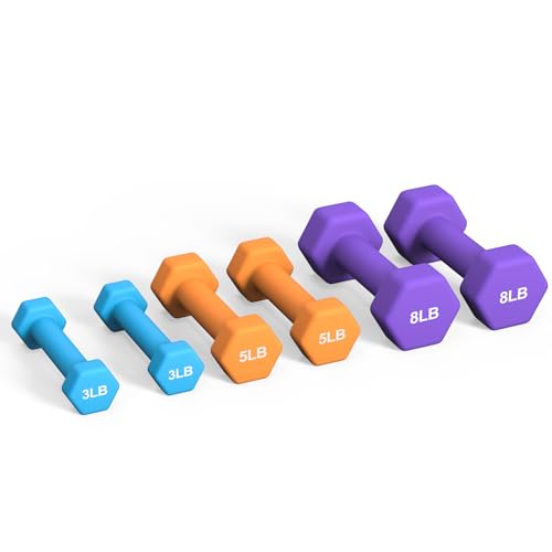 Portzon Weights Dumbbells Set 3, 5, 8, and 10 Pound Neoprene Dumbbell Free Hand Weight Set with Rack, Ideal for Home Exercises, 32 LB, Anti-Slip, Anti-roll, Hex Shape - color: Blue+Orange+Black