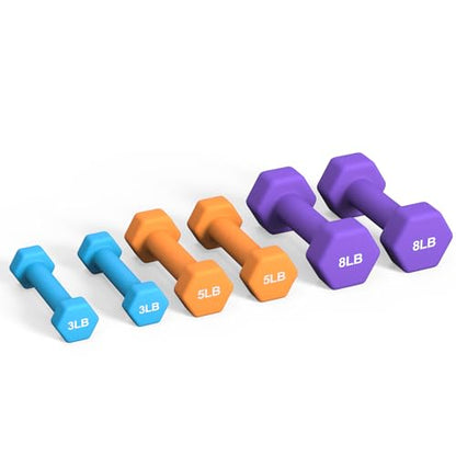 Portzon Weights Dumbbells Set 3, 5, 8, and 10 Pound Neoprene Dumbbell Free Hand Weight Set with Rack, Ideal for Home Exercises, 32 LB, Anti-Slip, Anti-roll, Hex Shape - color: Blue+Orange+Black