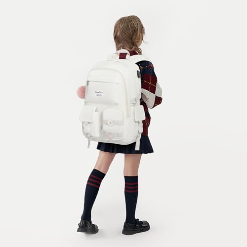 YAMTION School Backpack for Teen Girls,15.6in Laptop Backpack Kids Bookbag for Middle School College Students,Cute School Bag for Women (Beige, Fits 15.6in PC) - color: Beige