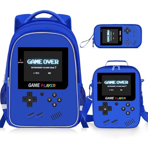 Backpack for School Boys,3pcs Boys Backpack and Lunch Box Set for Elementary Middle School, 17″ Video Game Bookbag for Ages 6-18 Kids Children Teens - color: Game Backpack Set-blue