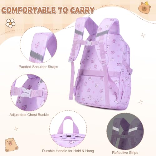Capybara Theme Backpack for School Girls, 35PCS Kids Backpack Set with School Supplies Stationery Kit Lunch Box Pencil Case, Cute Girls Bookbag for Kindergarten Elementary Student - color: Purple