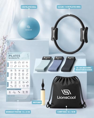 LIONSCOOL Pilates Ring Set – 14" Anti-Deformation Magic Circle with Padded Handles, Mini Ball, Resistance Bands, Guide & Bag - color: Pilates Ring Set - Deep Dive