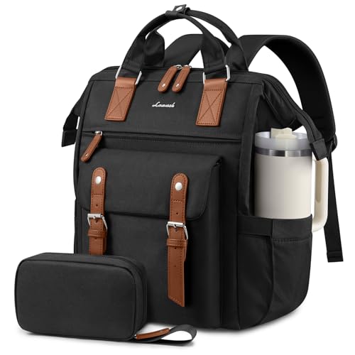 LOVEVOOK Laptop Backpack for Women with Giant Tumbler Holder Pocket,15.6 inch Waterproof Travel Backpack Purse Computer Laptop Bag - color: Black-brown, size: 15.6 Inch Cup