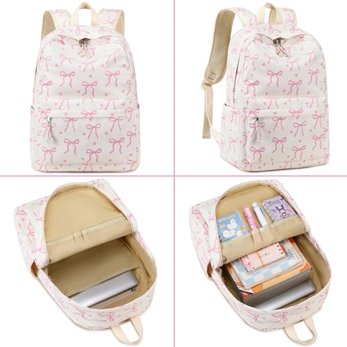 LEDAOU School Backpack for Teen Girls - 15.6 Inch Laptop Backpack, Cute Bow Aesthetic Bookbag, Lightweight Water Resistant Daypack for Middle High School, College and Travel - color: A-pink Bow Tie