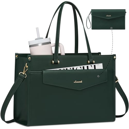 LOVEVOOK Laptop Bag for Women, 15.6 inch Laptop Tote Bag 2-in-1 Professional Work Bag Business Briefcase with Clutch Purse, Waterproof Leather Computer Handbag for Teacher Office Travel - color: Dark Green, size: 15.6 inch