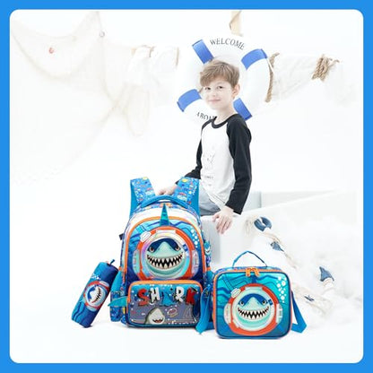 Meetbelify Kids School Backpacks for Girls Boys Backpack with Lunch Bag for Elmentary Students - color: 02 Shark