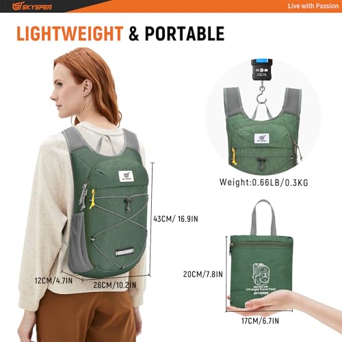 SKYSPER Foldable Hiking Backpack - 10L/15L Small Lightweight Daypack Breathable Travel Backpacks - color: Green, size: 15 liters
