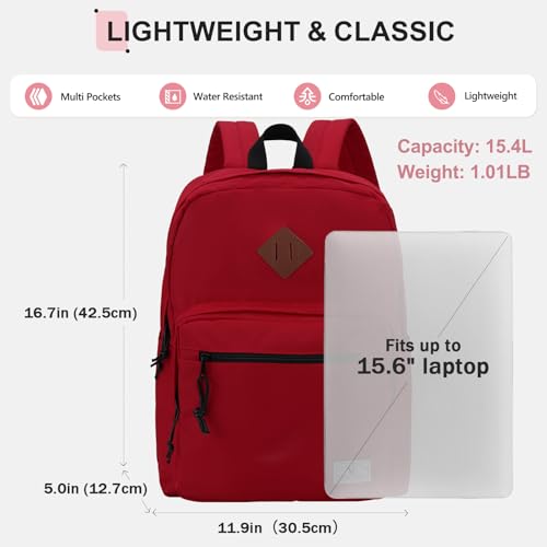 VX VONXURY Backpack for Men Women, Lightweight Kids School Bag, Classic Basic Laptop Bookbag for College Work Travel Hiking - color: Red