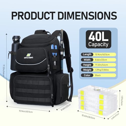 N NEVO RHINO Fishing Tackle Backpack with Rod Holders, 40L Large Fishing Bag with Waterproof Rain Cover,Outdoor Tackle Bag - color: Black Pack with 4 Trays, size: Pack with 4 Trays