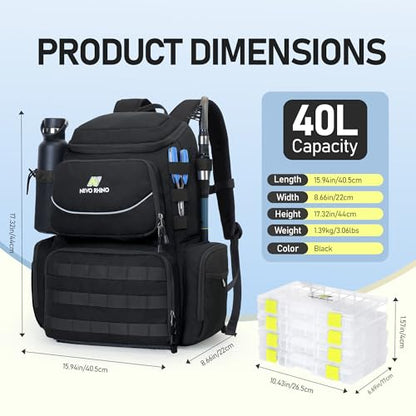 N NEVO RHINO Fishing Tackle Backpack with Rod Holders, 40L Large Fishing Bag with Waterproof Rain Cover,Outdoor Tackle Bag - color: Black Pack with 4 Trays, size: Pack with 4 Trays