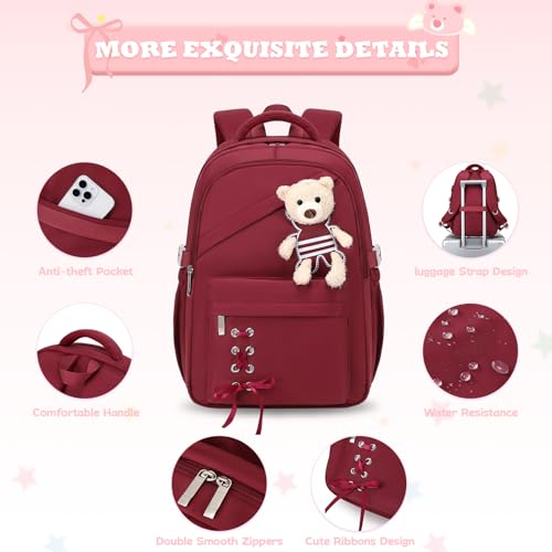 ACESAK School Backpack for Girls - 3 PCS Cute Girls Backpack with Lunch Box & Pencil Case - Kawaii Casual Kids Bookbag School Bag Daypacks Set for Elementary Middle High School Student Teens (Red) - color: Red