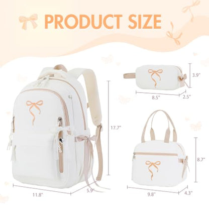 Kids Backpack for Girls - 3PCS Cute Embroidered Bow Girls Backpack with Insulated Lunch Bag & Pencil Case - Bookbag for Teen Women Middle High School College Work Travel Daypack - color: Beige Khaki