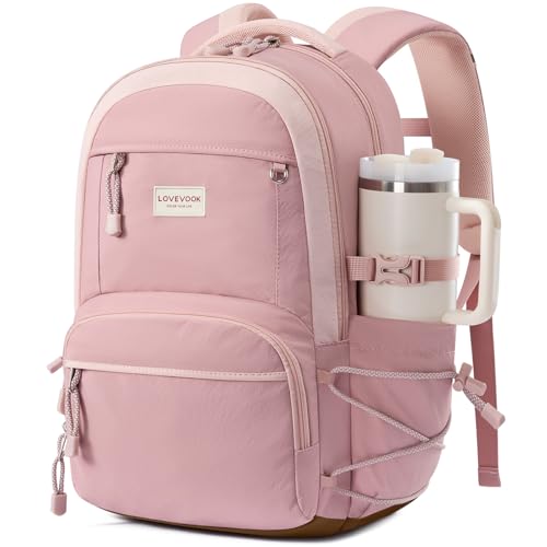 LOVEVOOK School Backpack for Girls, 15.6 Inch laptop Backpacks with Large Capacity Tumbler Holder, Lightweight College bag for women, Cute Travel Teen Bookbag Purse for Students,Pink - color: Pink, size: 15.6 Inch