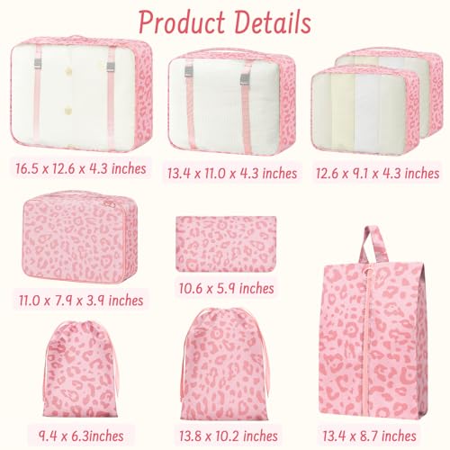 9 Set Packing Cubes for Travel Essentials - Lightweight Carry-On Luggage Organizer Bags with Shoe, Clothes & Laundry Bags for Airplane, Family & Business Travel, Pink leopard print - color: Pink leopard print