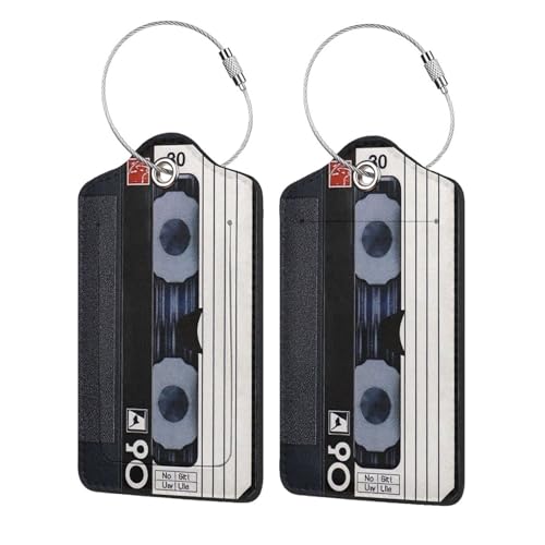 2 Pack Luggage Tags for Suitcases, PU Leather Bag Tag with Privacy Cover Address Card Travel Essentials-Retro Cassette Tape - color: Retro Cassette Tape