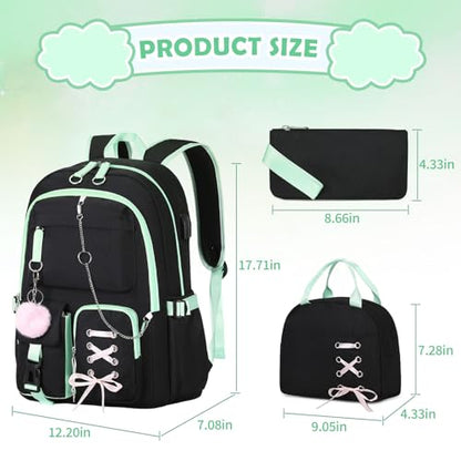 Backpacks for Girls, Girls Backpack with Lunch Box and Pencil Case for Teen Kid Elementary Middle High School College Student, Children Backpack Bookbag with USB Charging Port (Black Green with Chain) - color: Black & Green With Chain