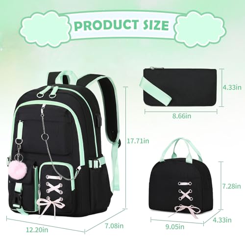 Backpacks for Girls, Girls Backpack with Lunch Box and Pencil Case for Teen Kid Elementary Middle High School College Student, Children Backpack Bookbag with USB Charging Port (Black Green with Chain) - color: Black & Green With Chain