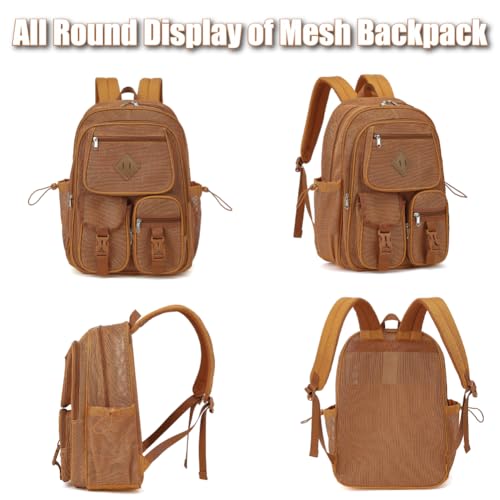 Mesh Backpack for Girls Boys, Heavy Duty Semi-Transparent Mesh Bookbag Womens Mens Mesh Backpacks for School, Sports, Beach, Swimming, Travel Khaki - color: Khaki