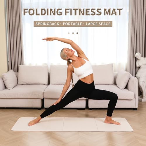 PAIDU Foldable Yoga Mat - 10mm Extra Thick, 75"26" Non-Slip Exercise Fitness Mat | SGS Eco-Certified, Portable for Yoga/Pilates/Studio/Home Workout - color: Beige