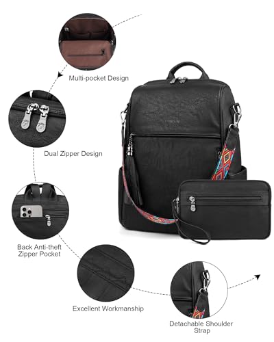 FADEON Leather Backpack Purse for Women Designer Travel Backpack Purses PU Fashion Ladies Shoulder Bag with Tassel - color: 2 Black Retro Style