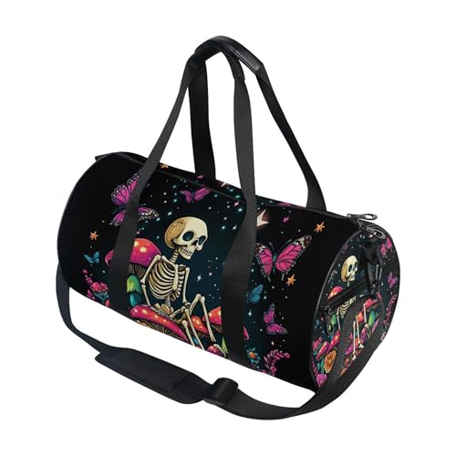 MNSRUU Sports Duffel Bags, Skeleton Sitting on Mushrooms with Butterflies Athletic Gym Bag Overnight Workout Travel Tote Luggage for Men Women Yoga - color: Skeleton A14152