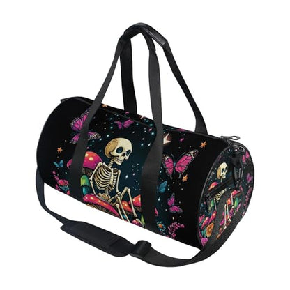 MNSRUU Sports Duffel Bags, Skeleton Sitting on Mushrooms with Butterflies Athletic Gym Bag Overnight Workout Travel Tote Luggage for Men Women Yoga - color: Skeleton A14152