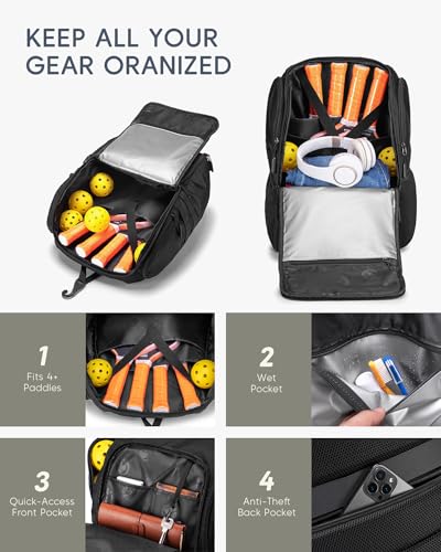 Pickleball Bag Large Sports Pickleball Backpack Fits 4+ Paddles with Wet Shoe Compartment and Fence Hook for Men Women - color: Blue