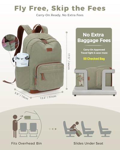 ECOHUB Women's Corduroy Backpack, Green Aesthetic College Everyday Bag - color: Sage Green