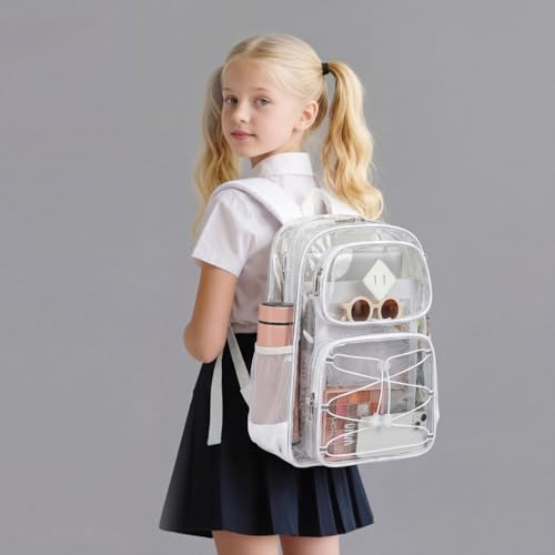 Clear Backpacks for Girls Women, Heavy Duty PVC Transparent Back Pack See Through Boys Kids Clear Bookbags for School White - color: White