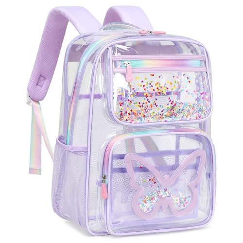 Clear Backpack for School,Large Bookbag Heavy Duty See Through Butterfly Backpacks for Girls Stadium Approved Daypack Transparent Shoulder Bags for Students,Teens,Women,Work,Travel,Concert Purple - color: Purple