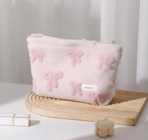 getgto 2 Pcs Makeup Bags, Large Cosmetic Bag Travel Toiletry Bag Organizer for Women, Plush Makeup Bag Small Cosmetic Pouch Purse with Zipper Gifts for Girls Teen - color: Girly pink