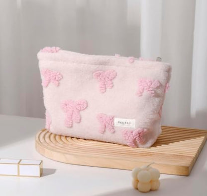 getgto 2 Pcs Makeup Bags, Large Cosmetic Bag Travel Toiletry Bag Organizer for Women, Plush Makeup Bag Small Cosmetic Pouch Purse with Zipper Gifts for Girls Teen - color: Girly pink