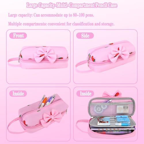 Girls Backpack Set with Lunch Box & Pencil Case, Floral Print Girls School Backpack for Elementary/Middle/High School (Pink-Strawberry) - color: Pink-strawberry