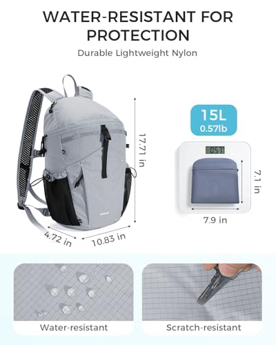 ECOHUB 15L Ultra-Lightweight Packable Backpack, Casual Daypack for Daily Use, Small Hiking & Travel, Foldable Backpack, Water-Resistant Nylon, Reflective Design - color: Grey