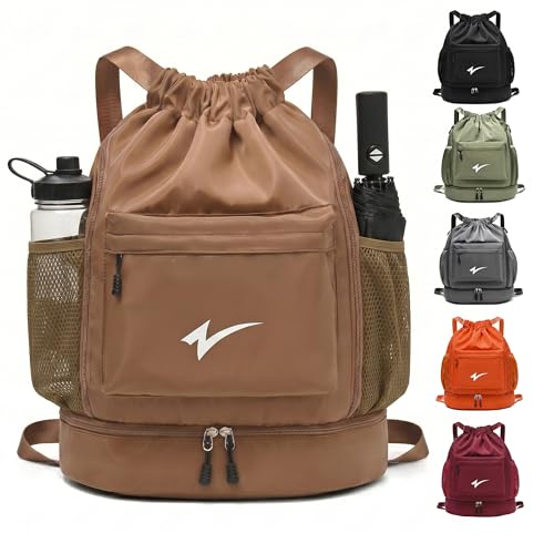 Sport Drawstring Backpack, Gym Bag with Mesh Side Pockets and Separate Shoe Compartment, Water-Resistant (Khaki) - color: Khaki