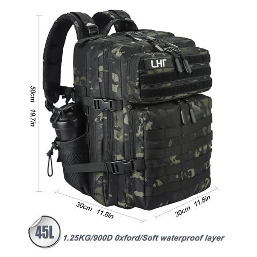 LHI Military Tactical Backpack for Men and Women 45L Army 3 Days Assault Pack Bag Large Rucksack with Molle System - Black CP - color: 1.9 Black Cp