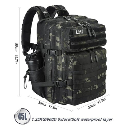 LHI Military Tactical Backpack for Men and Women 45L Army 3 Days Assault Pack Bag Large Rucksack with Molle System - Black CP - color: 1.9 Black Cp