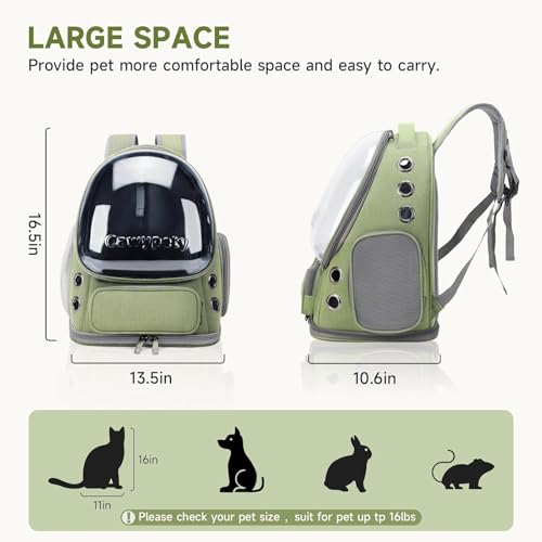 Cawypety Cat Backpack Carrier, Breathable Cat Carrier Large Space Bubble Pet Backpack for Kitty Small Dog up to 15lbs, Transparent & Foldable Pet Carrier for Travel Hiking - color: Green