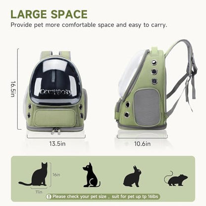 Cawypety Cat Backpack Carrier, Breathable Cat Carrier Large Space Bubble Pet Backpack for Kitty Small Dog up to 15lbs, Transparent & Foldable Pet Carrier for Travel Hiking - color: Green
