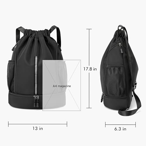 Sport Gym Bag Drawstring Backpack Beach Bag for Men Women with Shoe Compartment and Reflective Strips (Black) - color: Black