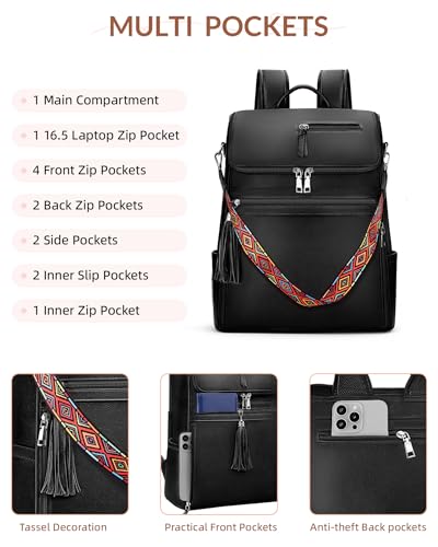 SYTRAH Leather Laptop Backpack for Women Designer Laptop Bag, 16.5 inch Travel Computer Backpacks Purse with Tassel for Work Business with Satchel Purse Black - color: Purse Black