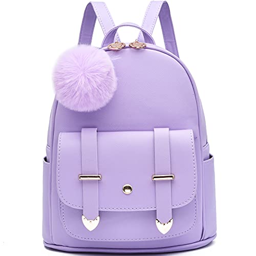 I IHAYNER Girls Fashion Backpack Mini Backpack Purse for Women Teenage Girls Purses PU Leather Pompom Backpack Shoulder Bag - color: Purple