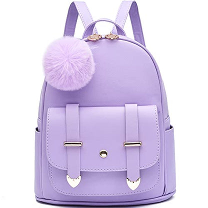 I IHAYNER Girls Fashion Backpack Mini Backpack Purse for Women Teenage Girls Purses PU Leather Pompom Backpack Shoulder Bag - color: Purple