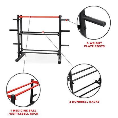 Sunny Health & Fitness Multi-Weight Storage Rack Stand for Dumbbells, Kettlebells, Olympic Weight Plates, Barbell, Medicine Ball - style: 3-Tier Rack