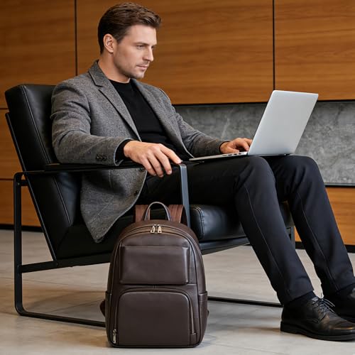 Laptop Leather Travel Backpack For Men Carry On Back Pack For Business Work computer Backpacks Fit 15.6" Laptop - color: Bb-00 Brown