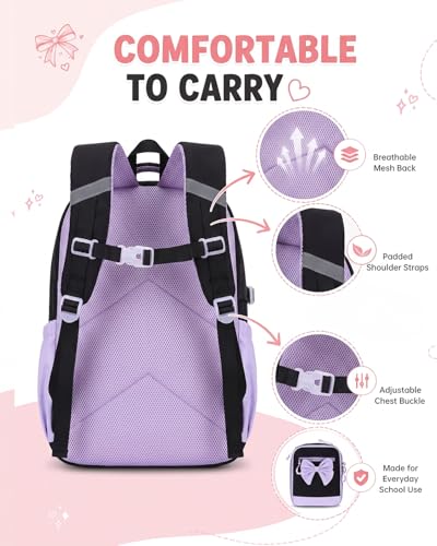 CAMTOP Girls Backpack with Lunch Box & Pencil Case Set, School Backpack for Girls with Large Water Bottle Holder Straps, Waterproof Kids Backpack, Cute Bookbag for Elementary School & Travel - color: Black Purple